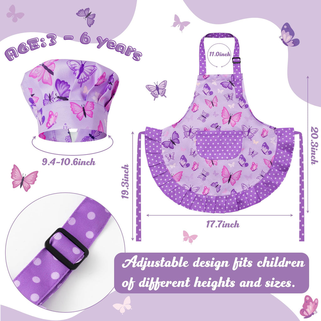 R HORSE Kids Apron and Chef Hat Set - Purple Butterfly Toddler Apron for Girls Ages 3-6