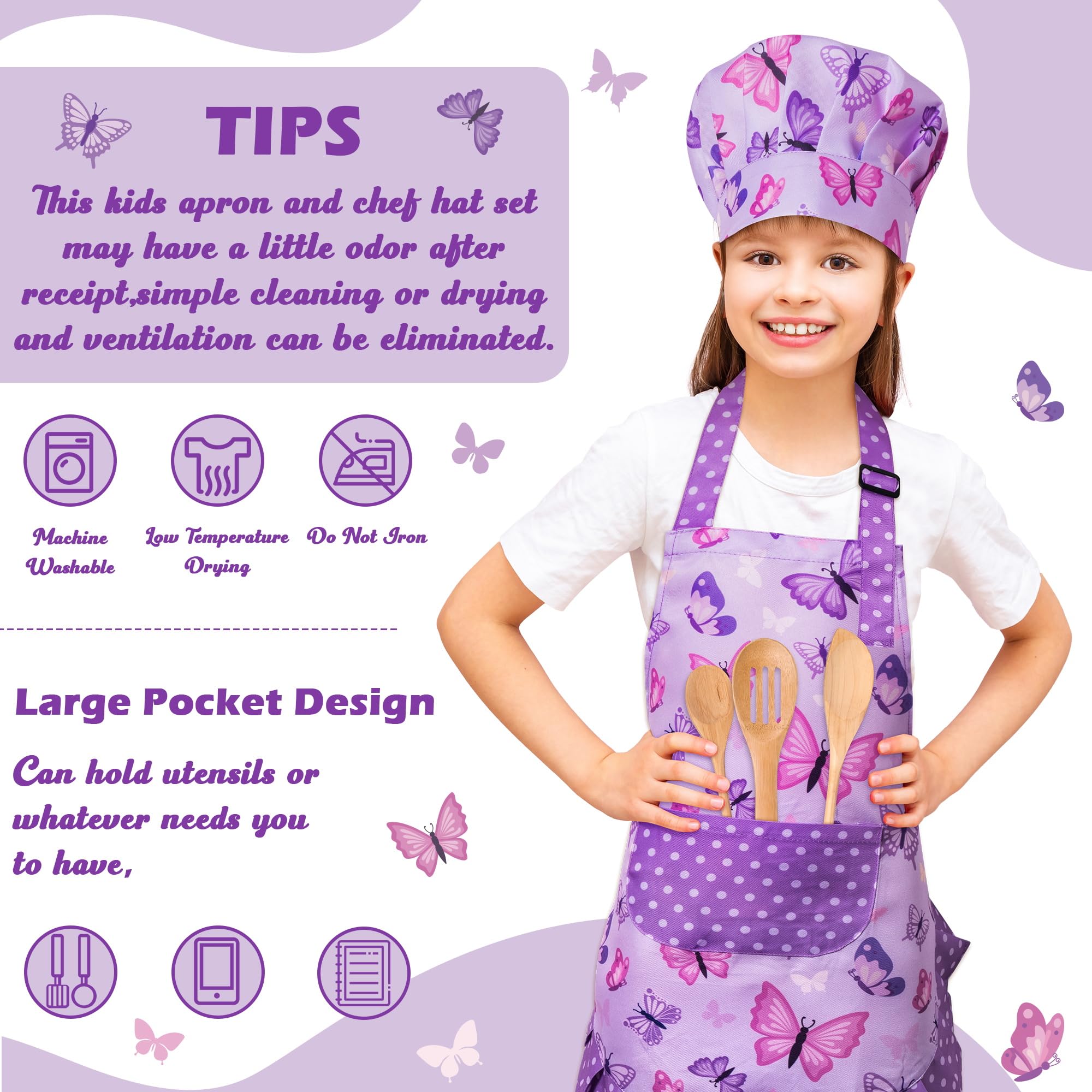 R HORSE Kids Apron and Chef Hat Set - Purple Butterfly Toddler Apron for Girls Ages 3-6