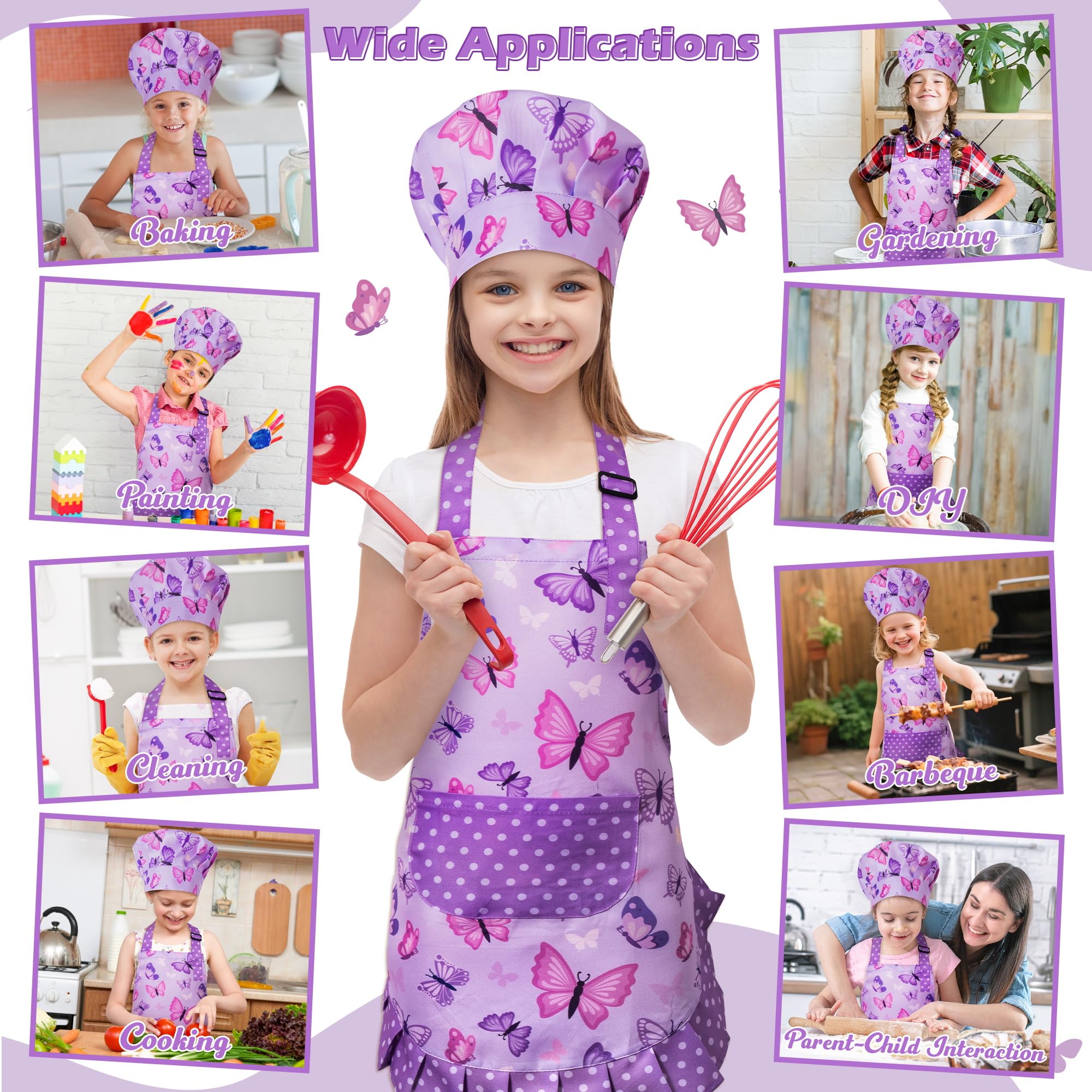 R HORSE Kids Apron and Chef Hat Set - Purple Butterfly Toddler Apron for Girls Ages 3-6