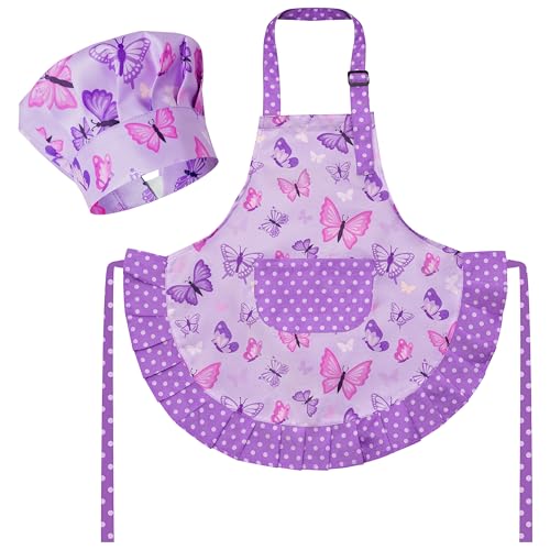 R HORSE Kids Apron and Chef Hat Set - Purple Butterfly Toddler Apron for Girls Ages 3-6