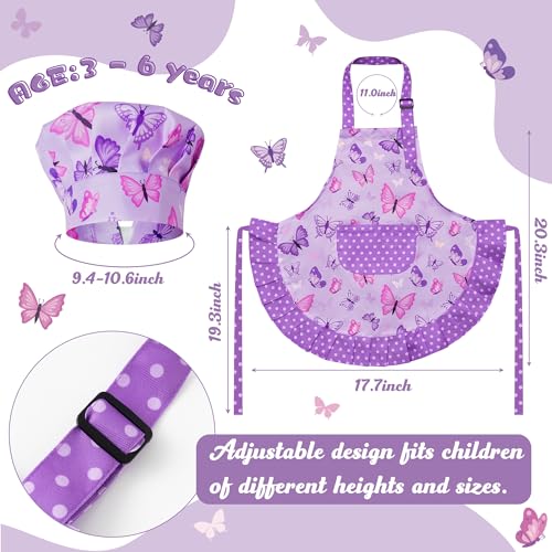 R HORSE Kids Apron and Chef Hat Set - Purple Butterfly Toddler Apron for Girls Ages 3-6
