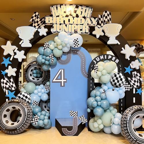 Race Car Balloon Garland Arch Kit – 89-Piece Set with Checkered Foil Balloon for Car-Themed Parties