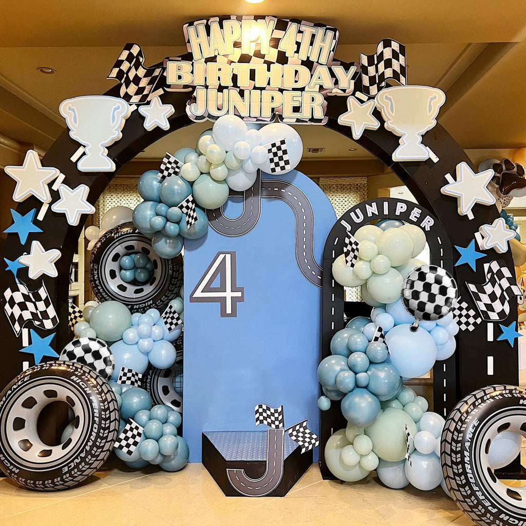 Race Car Balloon Garland Arch Kit – 89-Piece Set with Checkered Foil Balloon for Car-Themed Parties