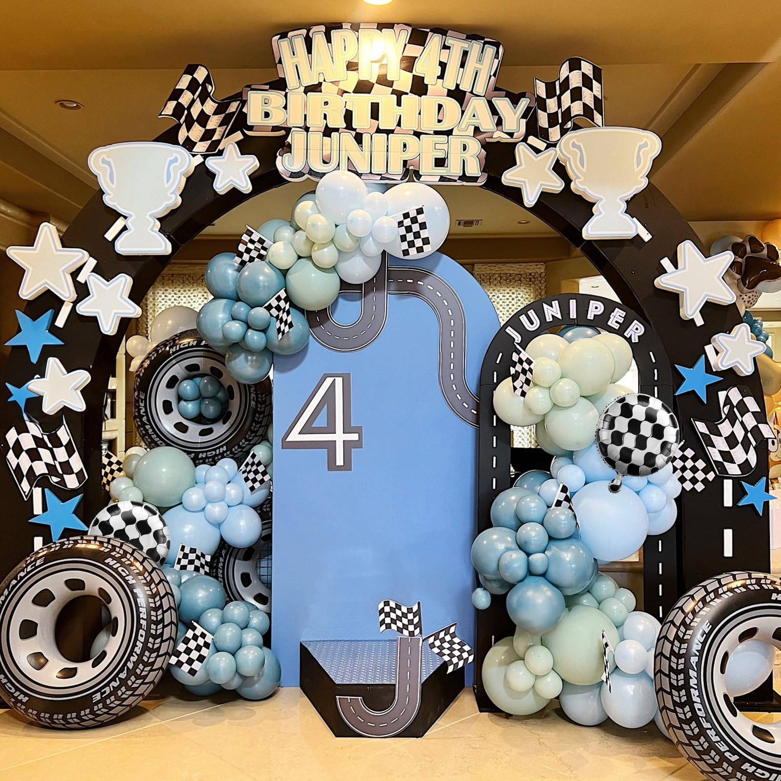 Race Car Balloon Garland Arch Kit – 89-Piece Set with Checkered Foil Balloon for Car-Themed Parties