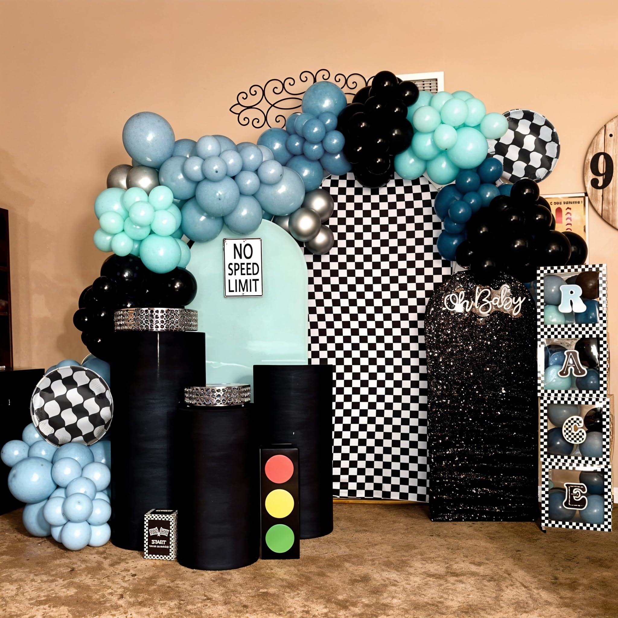 Race Car Balloon Garland Arch Kit – 89-Piece Set with Checkered Foil Balloon for Car-Themed Parties