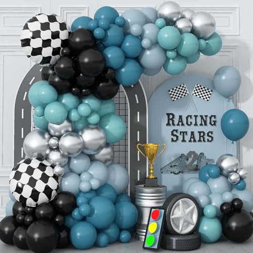 Race Car Balloon Garland Arch Kit – 89-Piece Set with Checkered Foil Balloon for Car-Themed Parties