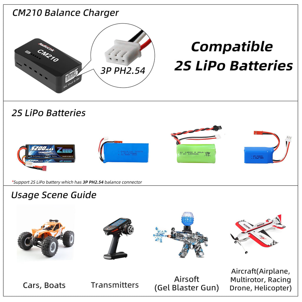 Radiolink CM210 15W 1.5A 2S LiPo Balance Charger with USB Type-C for RC Airplane, Car, Boat, SCX24, SCX10, Gel Blaster