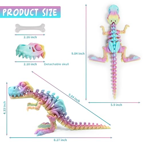 Rainbow Articulated 3D Printed T-Rex Skeleton – Poseable Dinosaur Fidget Toy for Desk Decor & Stress Relief