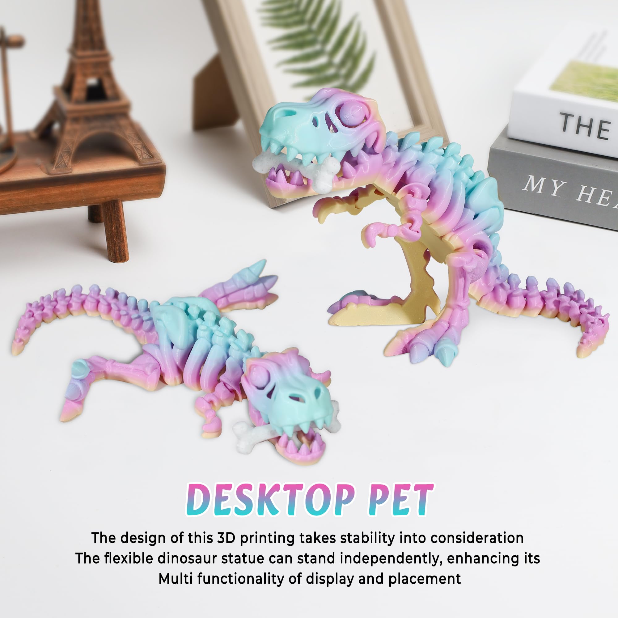 Rainbow Articulated 3D Printed T-Rex Skeleton – Poseable Dinosaur Fidget Toy for Desk Decor & Stress Relief