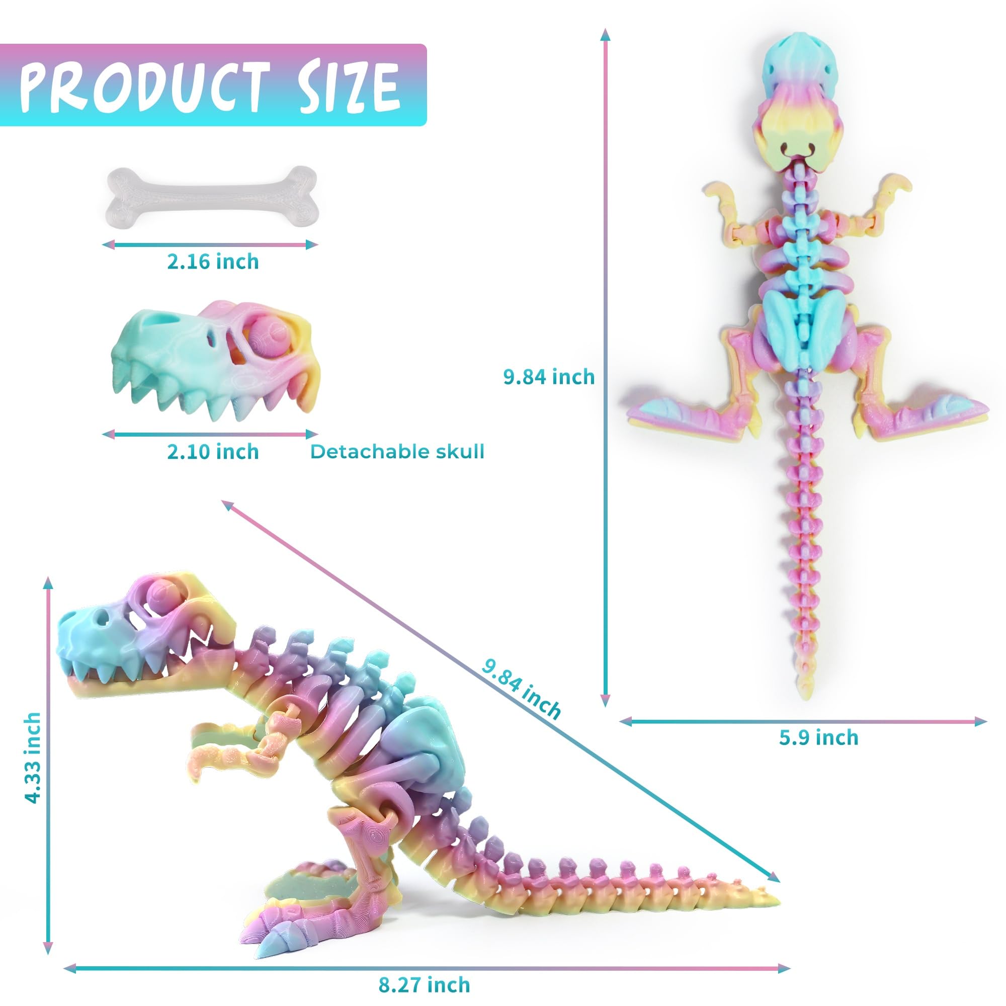 Rainbow Articulated 3D Printed T-Rex Skeleton – Poseable Dinosaur Fidget Toy for Desk Decor & Stress Relief