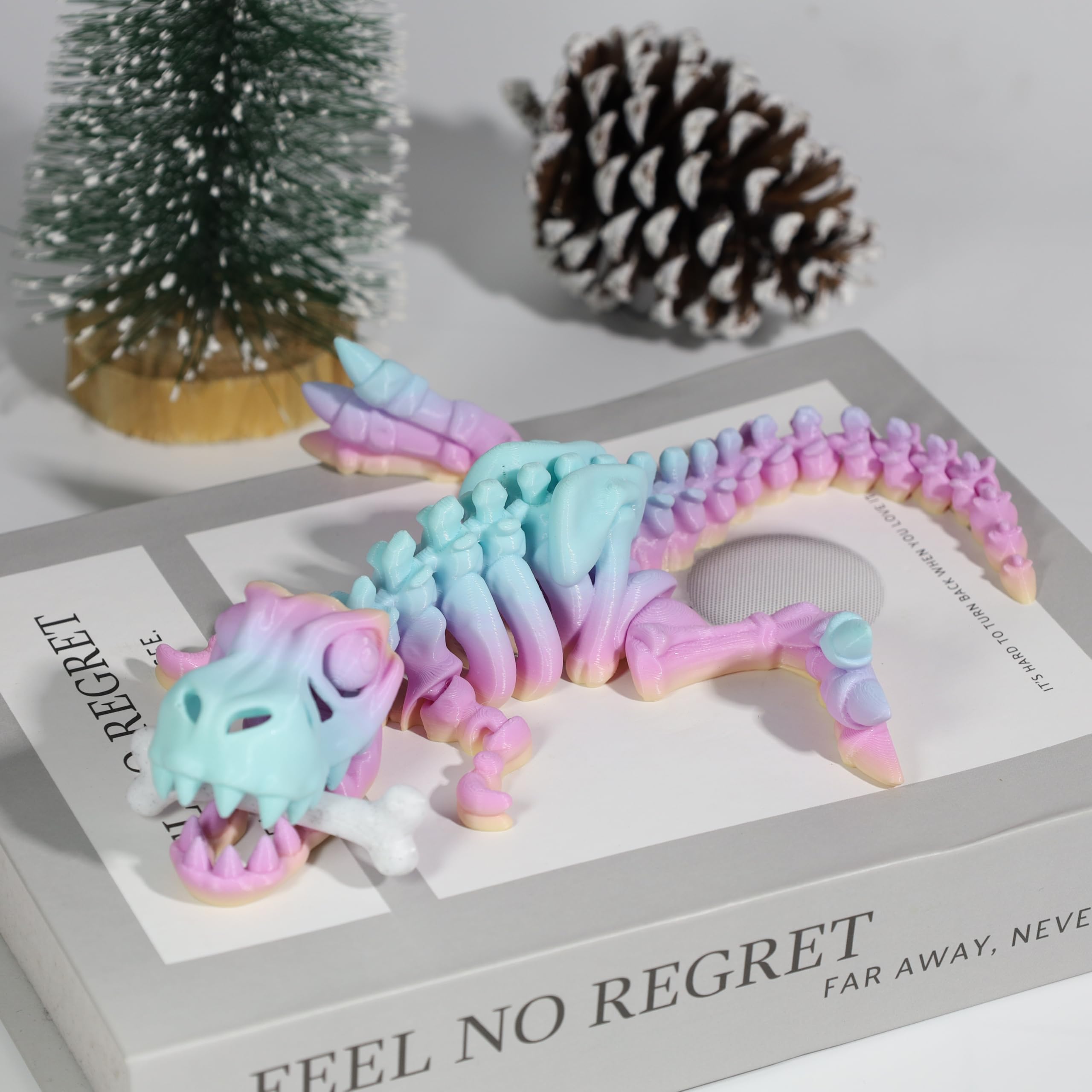Rainbow Articulated 3D Printed T-Rex Skeleton – Poseable Dinosaur Fidget Toy for Desk Decor & Stress Relief