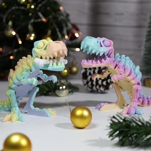 Rainbow Articulated 3D Printed T-Rex Skeleton – Poseable Dinosaur Fidget Toy for Desk Decor & Stress Relief