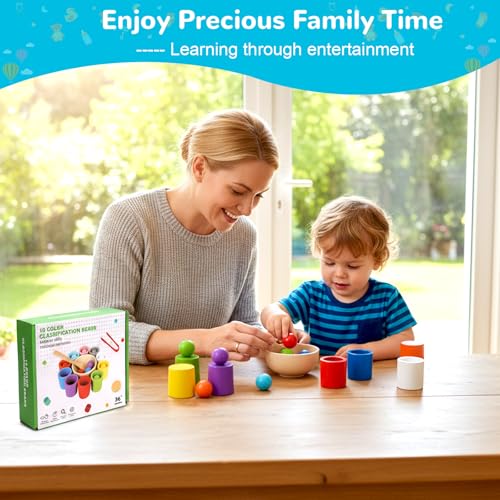 Rainbow Balls in Cups Montessori Sorting Toy with Spoon and Tongs - 10 Pieces for Toddlers