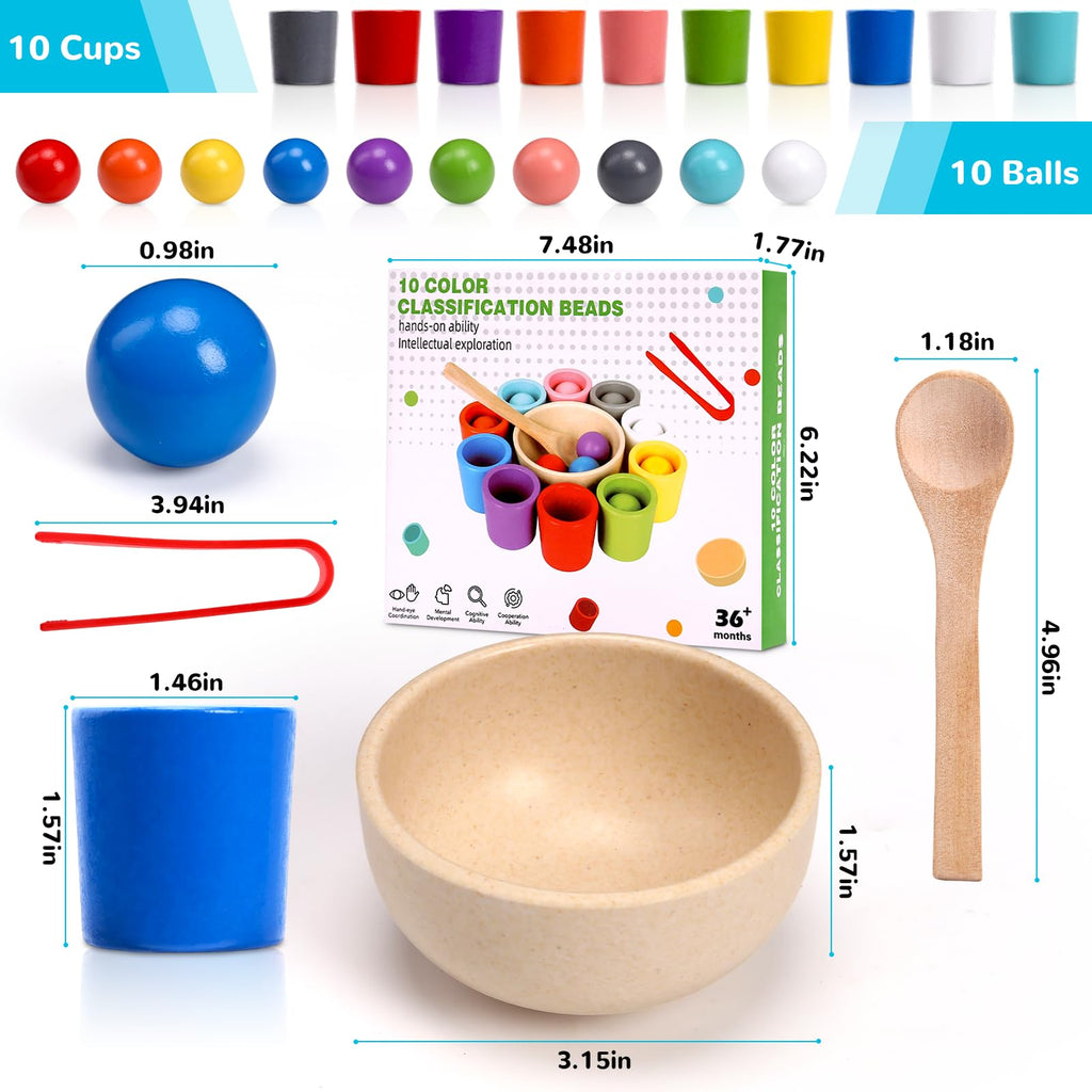Rainbow Balls in Cups Montessori Sorting Toy with Spoon and Tongs - 10 Pieces for Toddlers