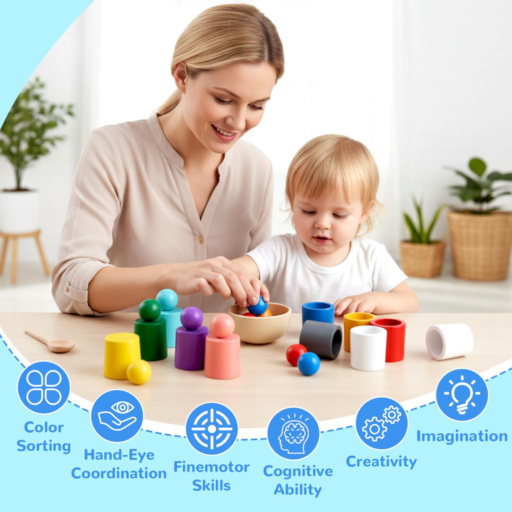 Rainbow Balls in Cups Montessori Sorting Toy with Spoon and Tongs - 10 Pieces for Toddlers