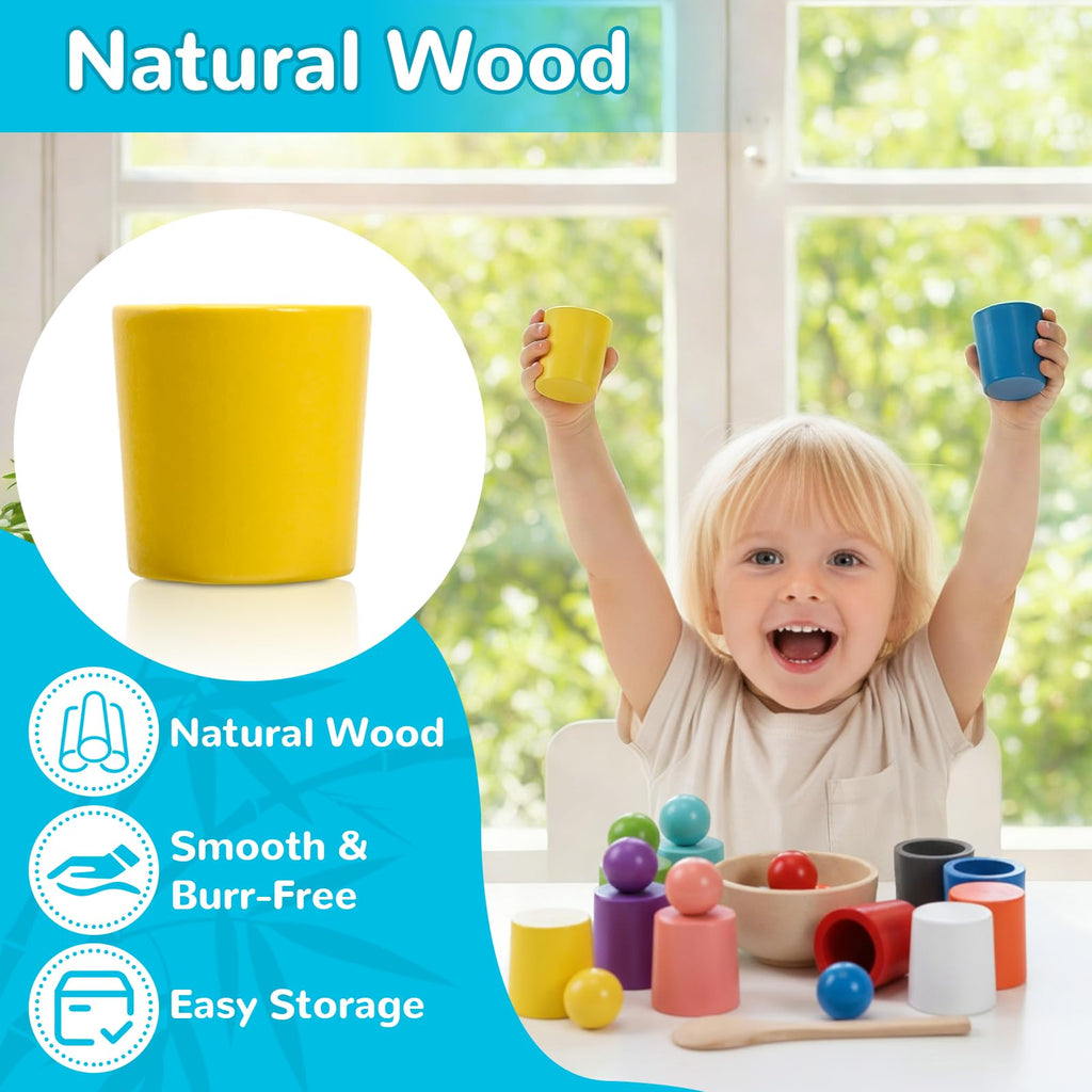 Rainbow Balls in Cups Montessori Sorting Toy with Spoon and Tongs - 10 Pieces for Toddlers