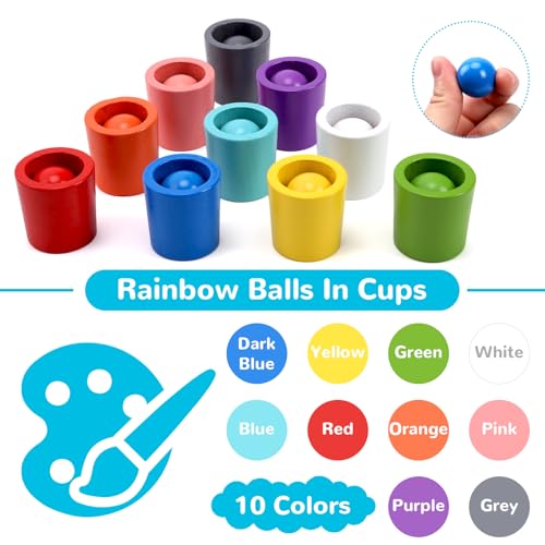 Rainbow Balls in Cups Montessori Sorting Toy with Spoon and Tongs - 10 Pieces for Toddlers