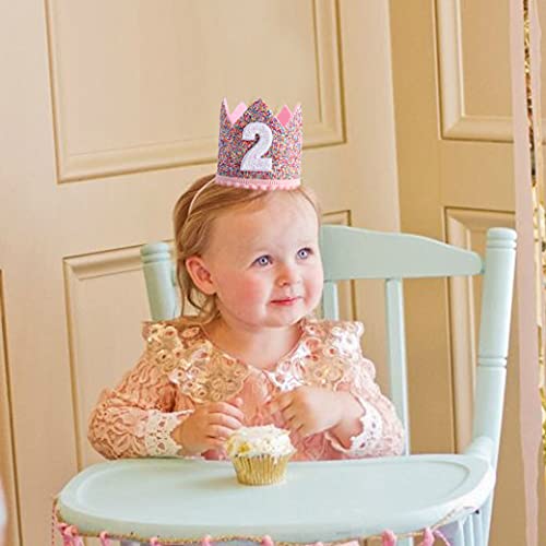Rainbow Glitter Crown for 2nd Birthday – Handmade Felt Crown with Pink Pompom and Elastic Strap