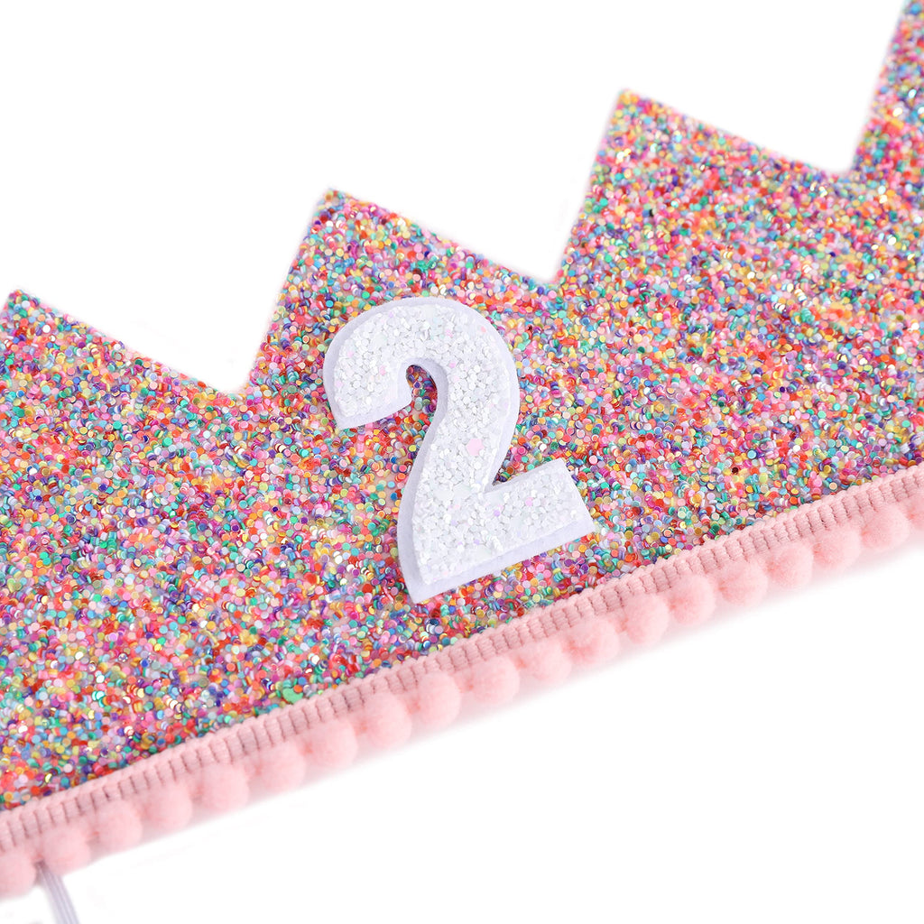 Rainbow Glitter Crown for 2nd Birthday – Handmade Felt Crown with Pink Pompom and Elastic Strap