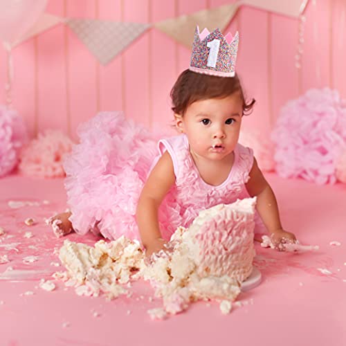 Rainbow Glitter Crown for Baby's First Birthday – Handmade with Pink Felt & Pompom