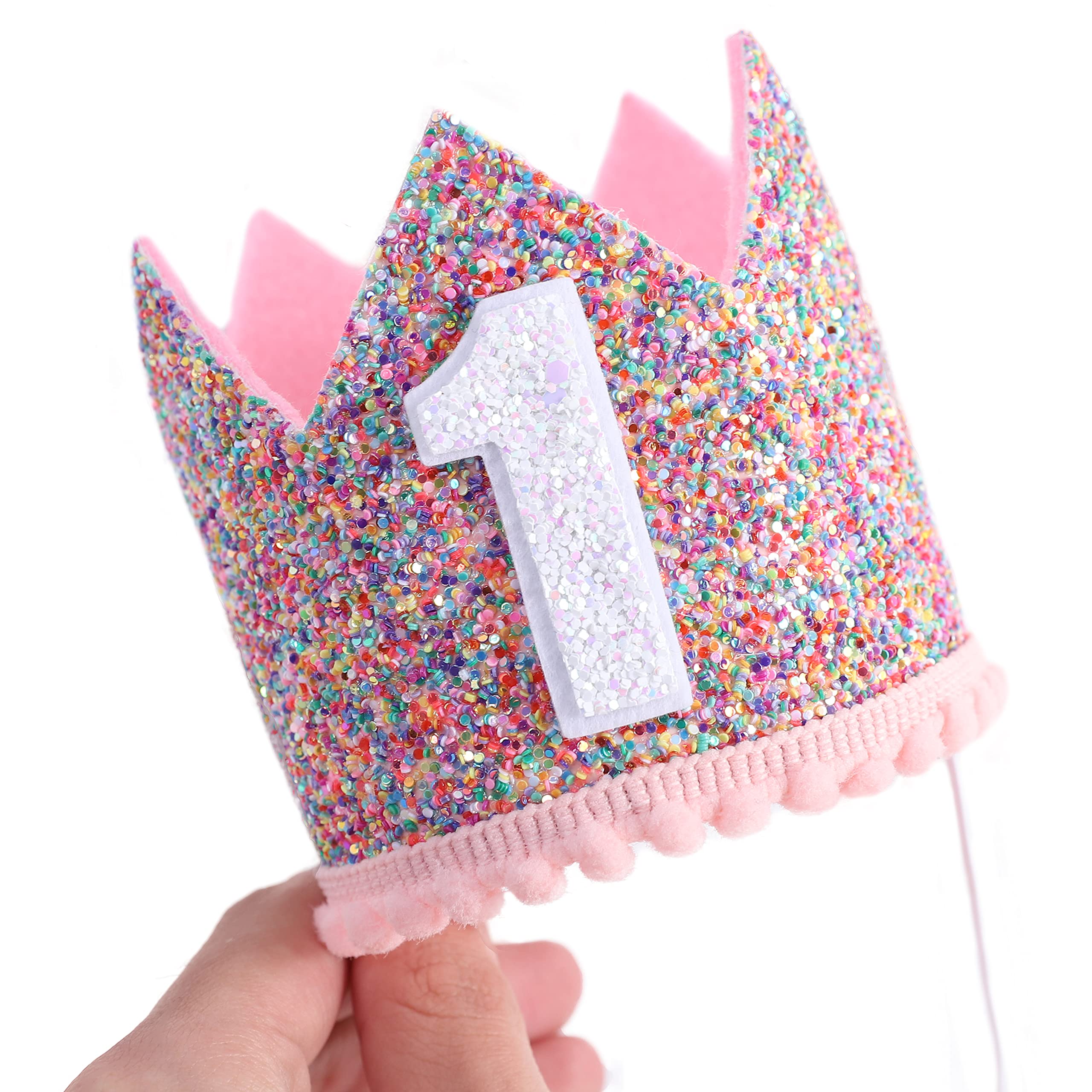 Rainbow Glitter Crown for Baby's First Birthday – Handmade with Pink Felt & Pompom