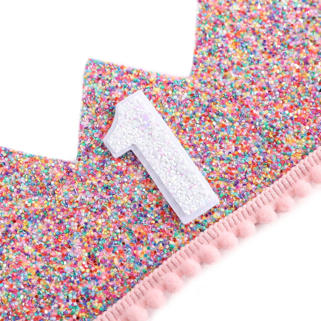 Rainbow Glitter Crown for Baby's First Birthday – Handmade with Pink Felt & Pompom