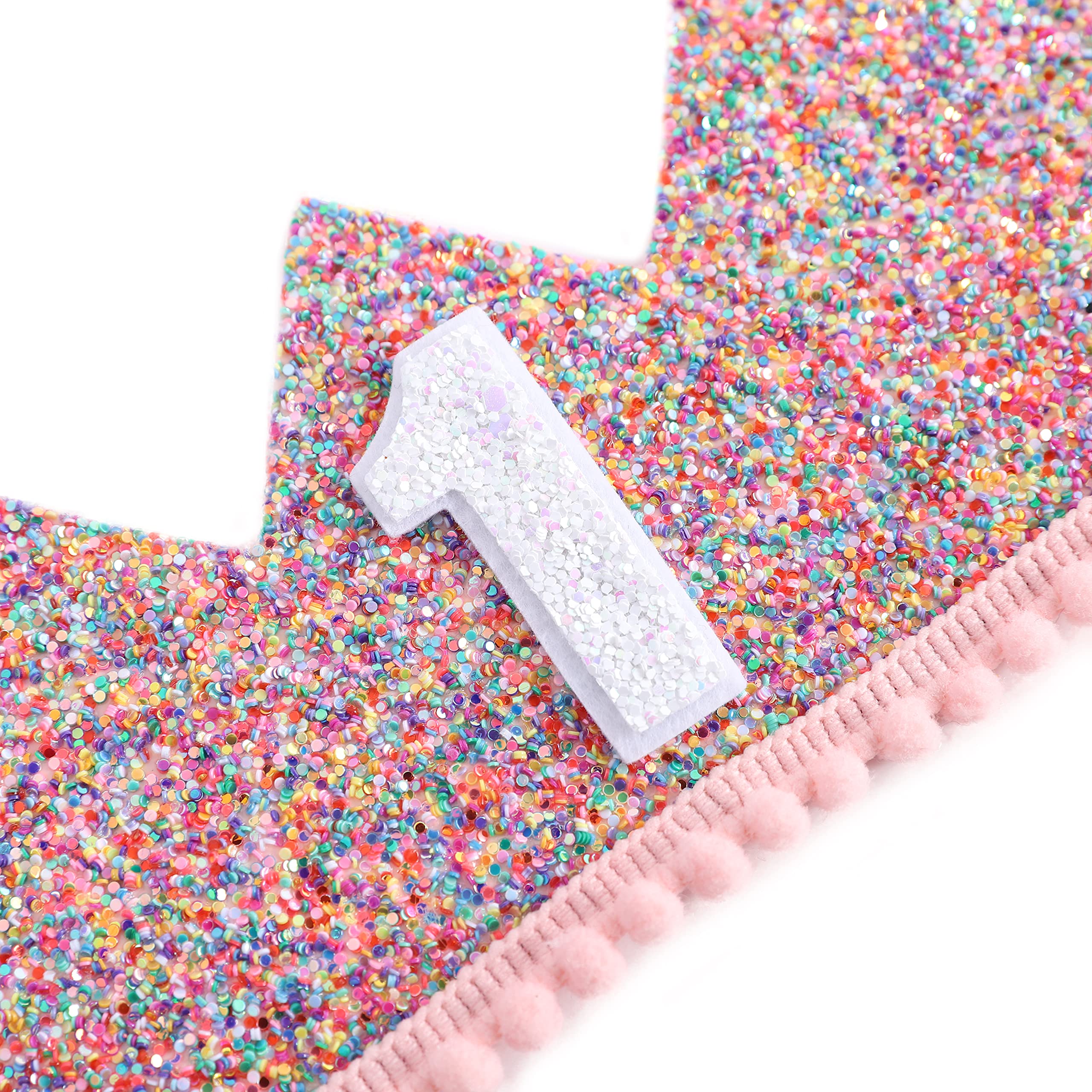 Rainbow Glitter Crown for Baby's First Birthday – Handmade with Pink Felt & Pompom