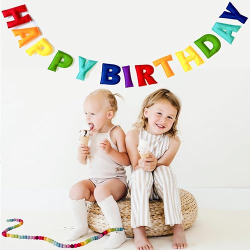 Rainbow Happy Birthday Banner - Pre-Strung Felt Garland, Reusable Party Decor