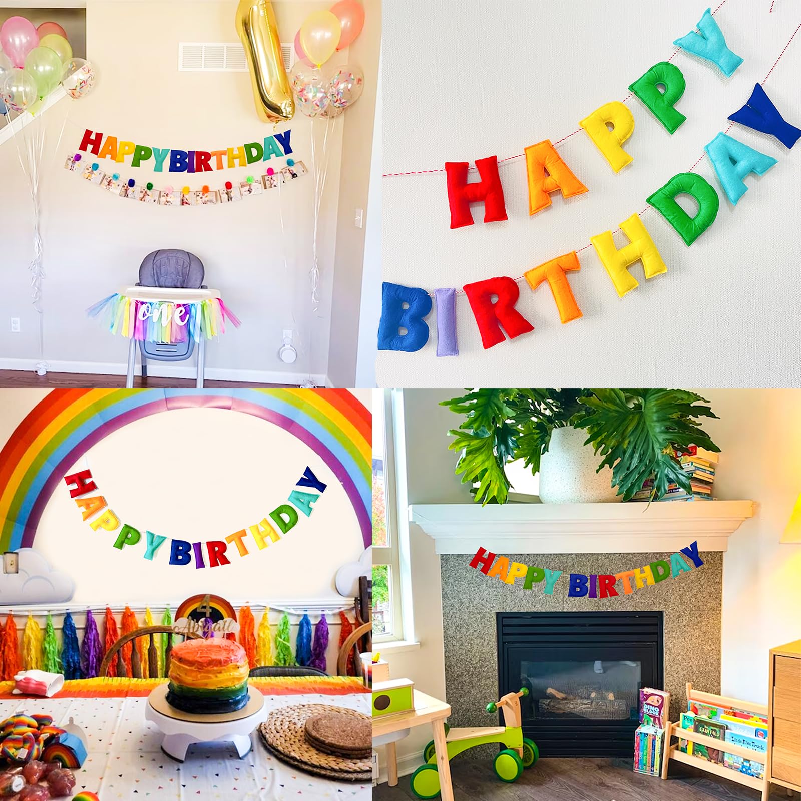 Rainbow Happy Birthday Banner - Pre-Strung Felt Garland, Reusable Party Decor