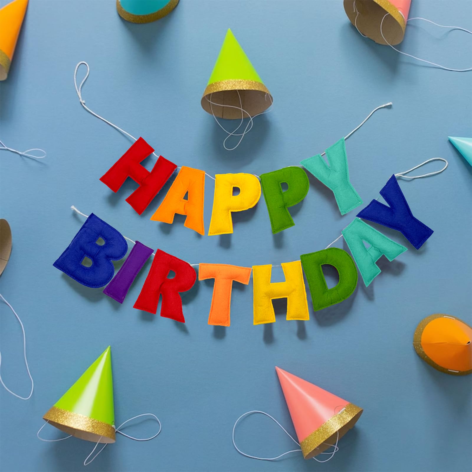 Rainbow Happy Birthday Banner - Pre-Strung Felt Garland, Reusable Party Decor