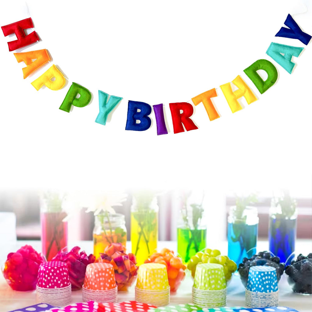 Rainbow Happy Birthday Banner - Pre-Strung Felt Garland, Reusable Party Decor