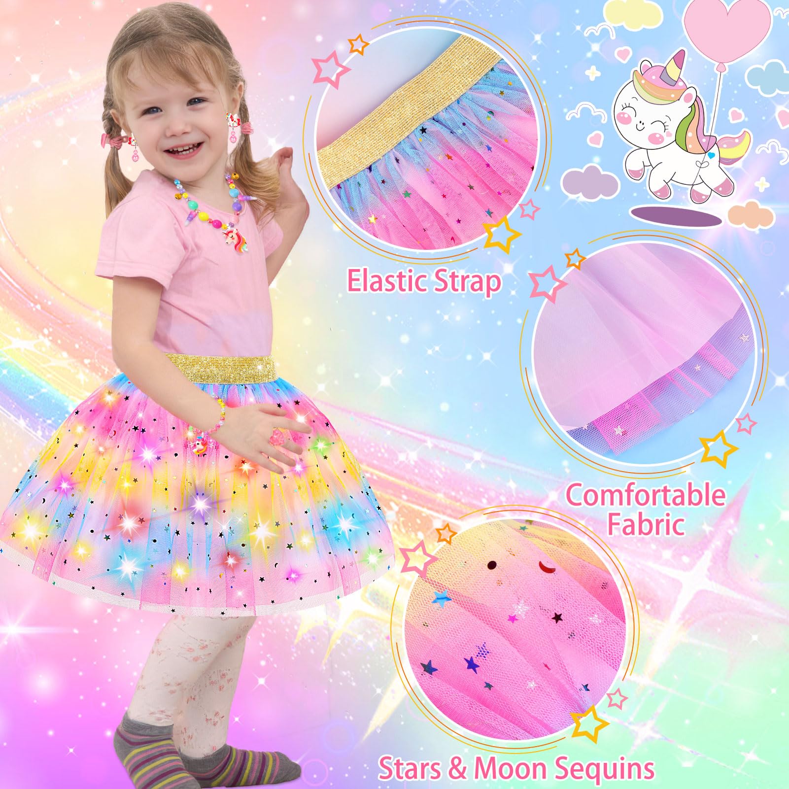 Rainbow Light-Up Princess Dress Set for Girls 4-6 with Unicorn Accessories