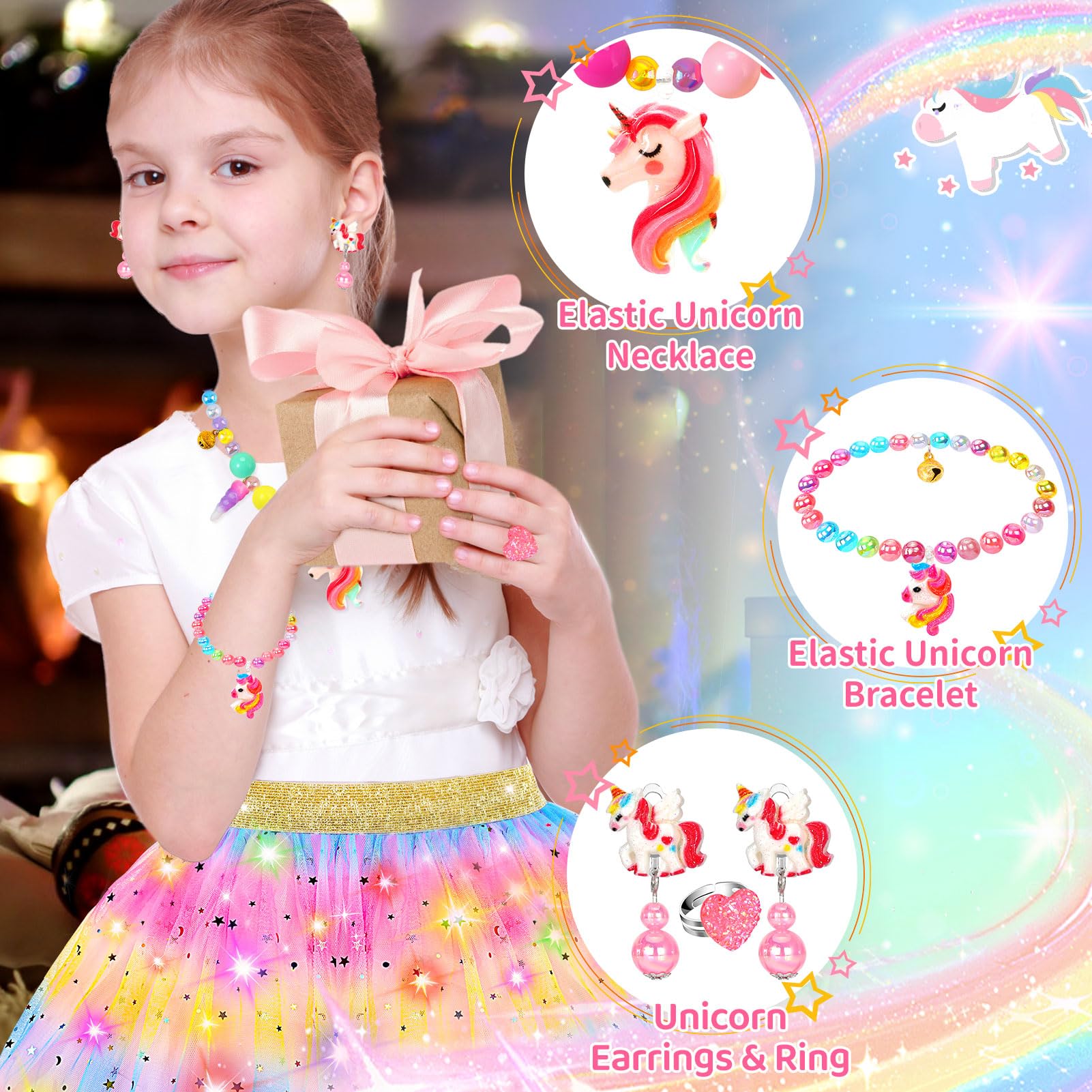 Rainbow Light-Up Princess Dress Set for Girls 4-6 with Unicorn Accessories