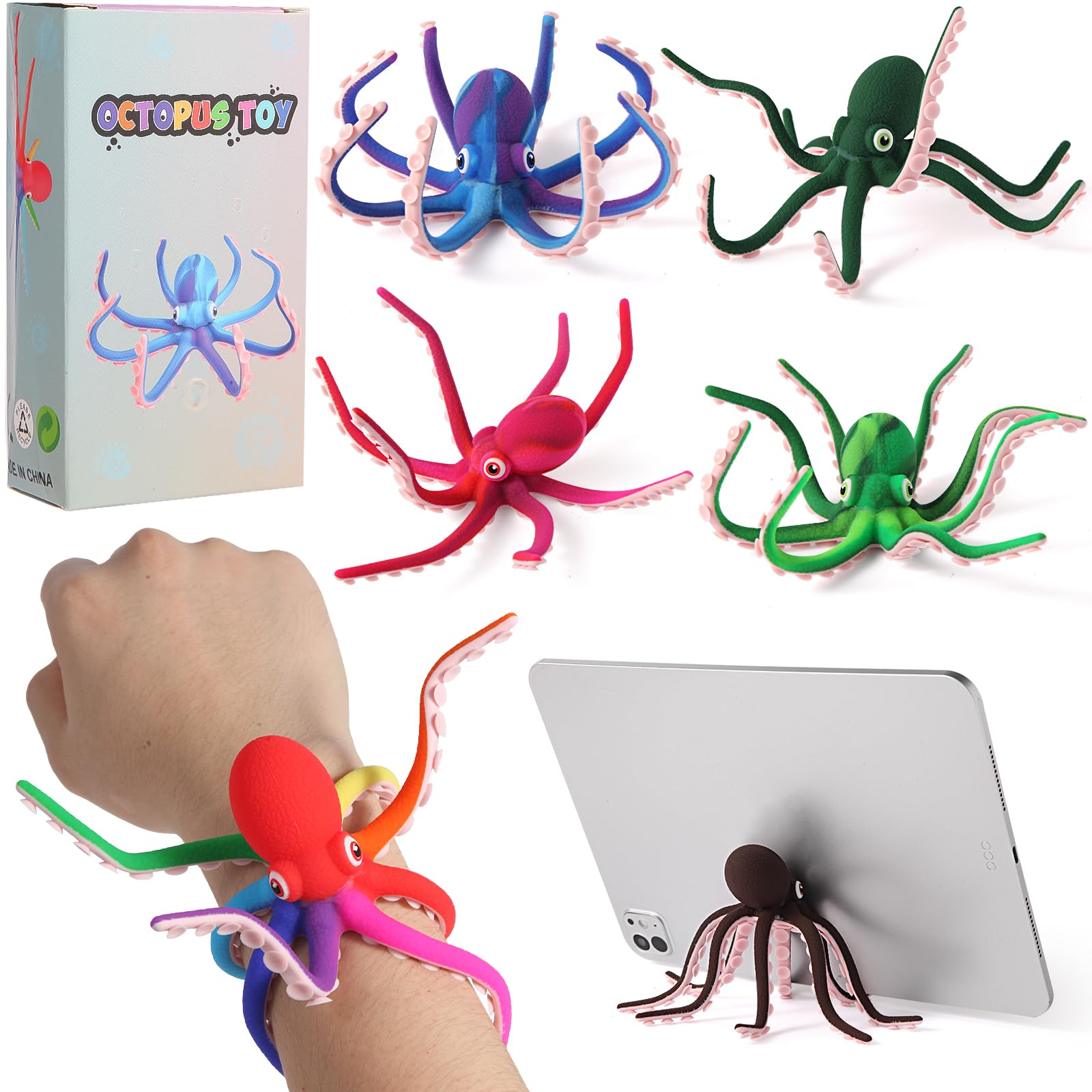 Rainbow Silicone Octopus Fidget Toy with Suction Cups – Bendable Stress Relief Desk Toy for Kids and Adults