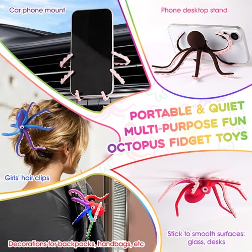 Rainbow Silicone Octopus Fidget Toy with Suction Cups – Bendable Stress Relief Desk Toy for Kids and Adults