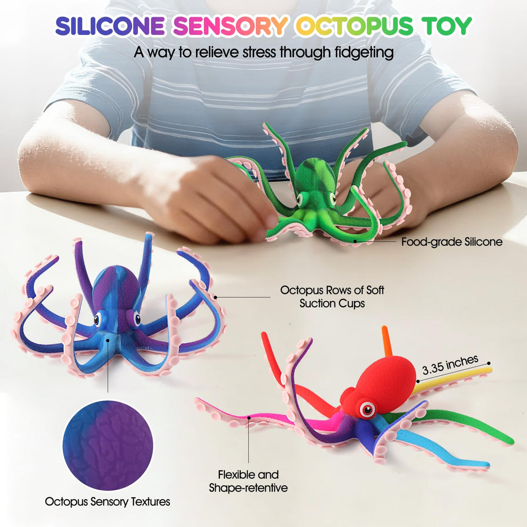 Rainbow Silicone Octopus Fidget Toy with Suction Cups – Bendable Stress Relief Desk Toy for Kids and Adults