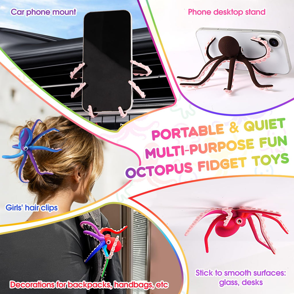 Rainbow Silicone Octopus Fidget Toy with Suction Cups – Bendable Stress Relief Desk Toy for Kids and Adults