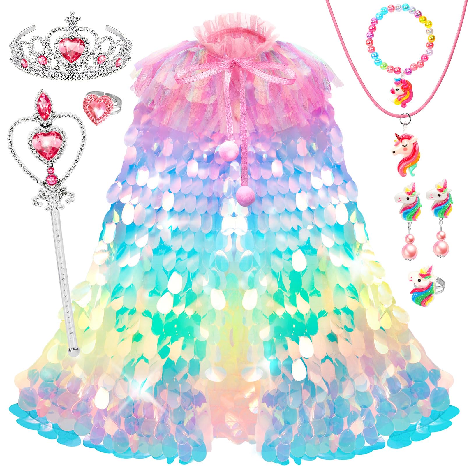 Rainbow Unicorn Princess Dress Up Cape Set for Girls 4-6 - 8 Pieces with Headband, Wand, and Jewelry