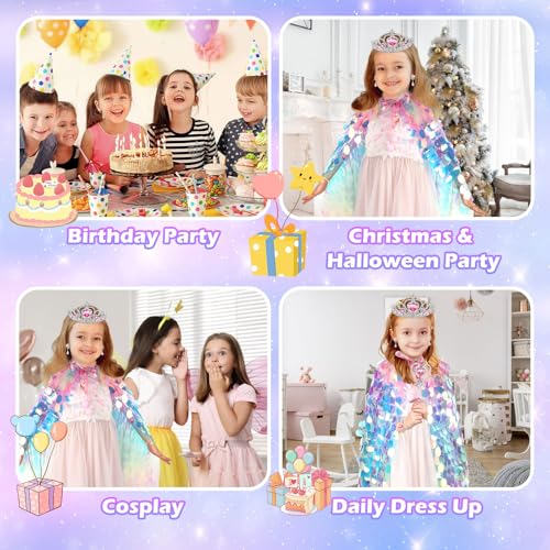 Rainbow Unicorn Princess Dress Up Cape Set for Girls 4-6 - 8 Pieces with Headband, Wand, and Jewelry