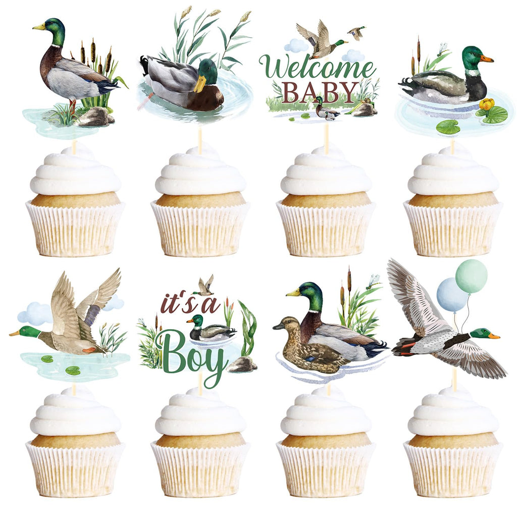 Rakuto 40-Piece Mallard Duck Baby Shower Cupcake Toppers - Wild Duck Themed Party Decorations for It's a Boy