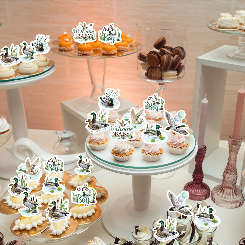 Rakuto 40-Piece Mallard Duck Baby Shower Cupcake Toppers - Wild Duck Themed Party Decorations for It's a Boy