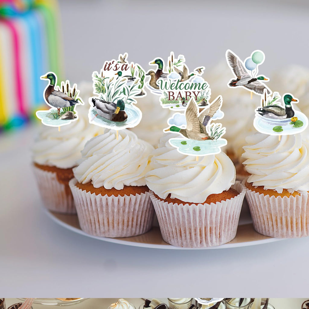 Rakuto 40-Piece Mallard Duck Baby Shower Cupcake Toppers - Wild Duck Themed Party Decorations for It's a Boy
