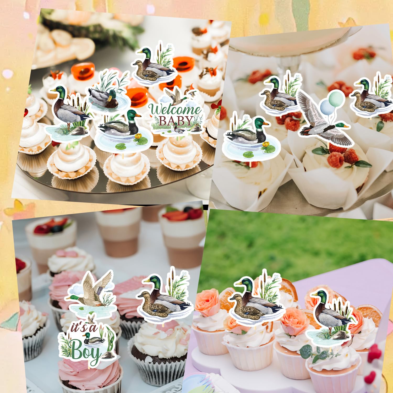 Rakuto 40-Piece Mallard Duck Baby Shower Cupcake Toppers - Wild Duck Themed Party Decorations for It's a Boy