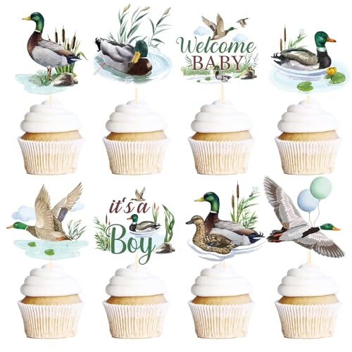Rakuto 40-Piece Mallard Duck Baby Shower Cupcake Toppers - Wild Duck Themed Party Decorations for It's a Boy