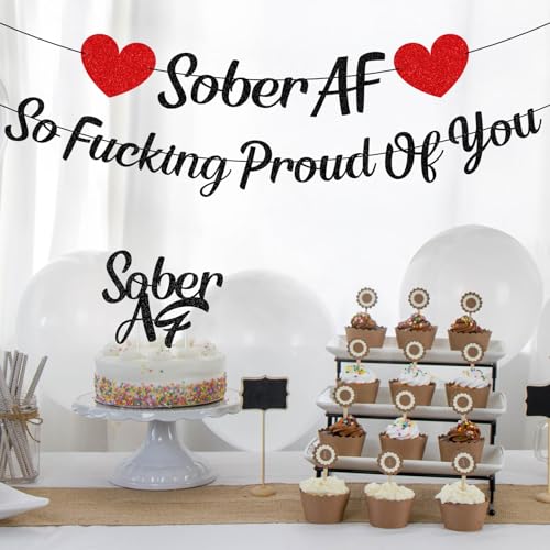 Rakuto Sobriety Party Banner & Cake Topper Set – Black Glitter, Pre-Assembled