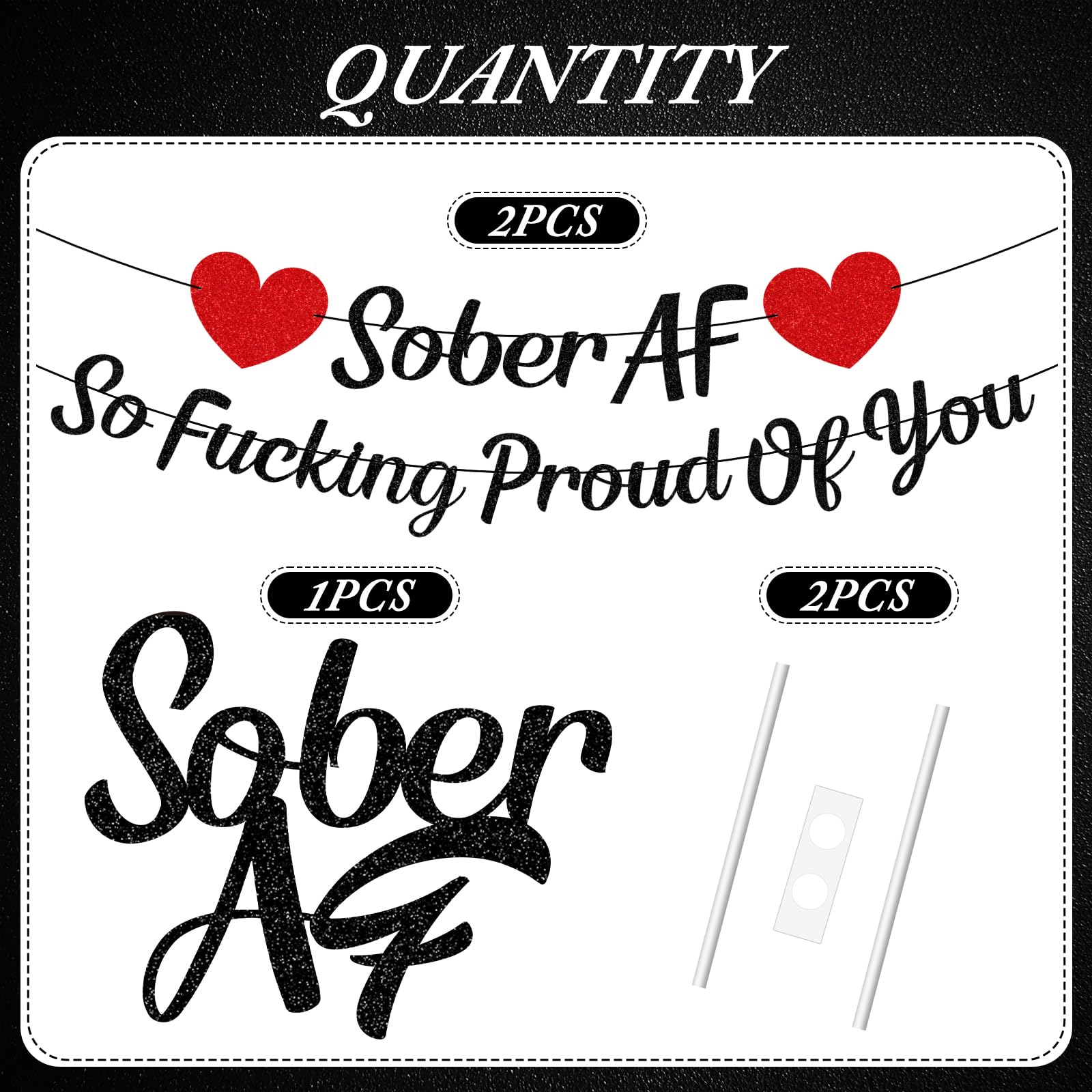Rakuto Sobriety Party Banner & Cake Topper Set – Black Glitter, Pre-Assembled