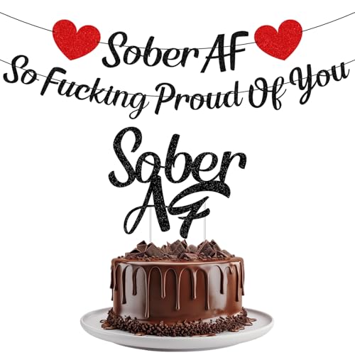 Rakuto Sobriety Party Banner & Cake Topper Set – Black Glitter, Pre-Assembled