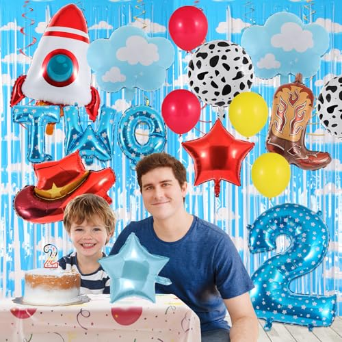 RANERVZ 17-Piece Toy Themed Birthday Balloon Set for 2nd Birthday – Includes Cowboy Hat, Rocket, Number 2, and More