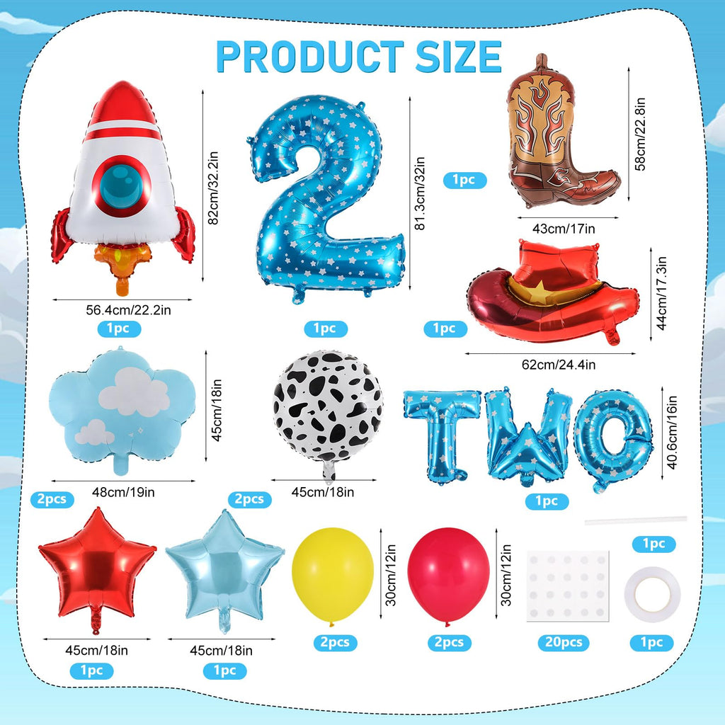 RANERVZ 17-Piece Toy Themed Birthday Balloon Set for 2nd Birthday – Includes Cowboy Hat, Rocket, Number 2, and More