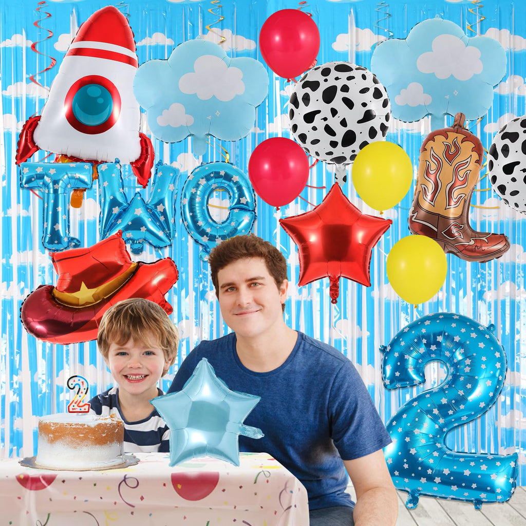 RANERVZ 17-Piece Toy Themed Birthday Balloon Set for 2nd Birthday – Includes Cowboy Hat, Rocket, Number 2, and More